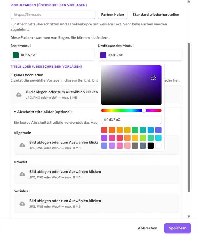 ESGDO-Modul-Farbfelder geöffnet für Basic-Modul und Comprehensive-Modul, mit Farben abrufen und Auf Standard zurücksetzen neben dem Website-Feld.