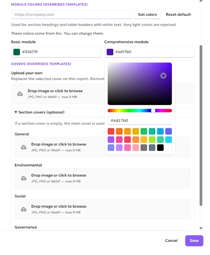 ESGDO module color fields open for Basic module and Comprehensive module, with Get colors and Reset default beside the website field.