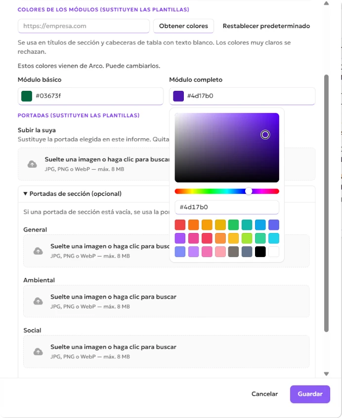 Campos de color del módulo ESGDO abiertos para el módulo Básico y el módulo Integral, con Obtener colores y Restablecer valores predeterminados junto al campo del sitio web.