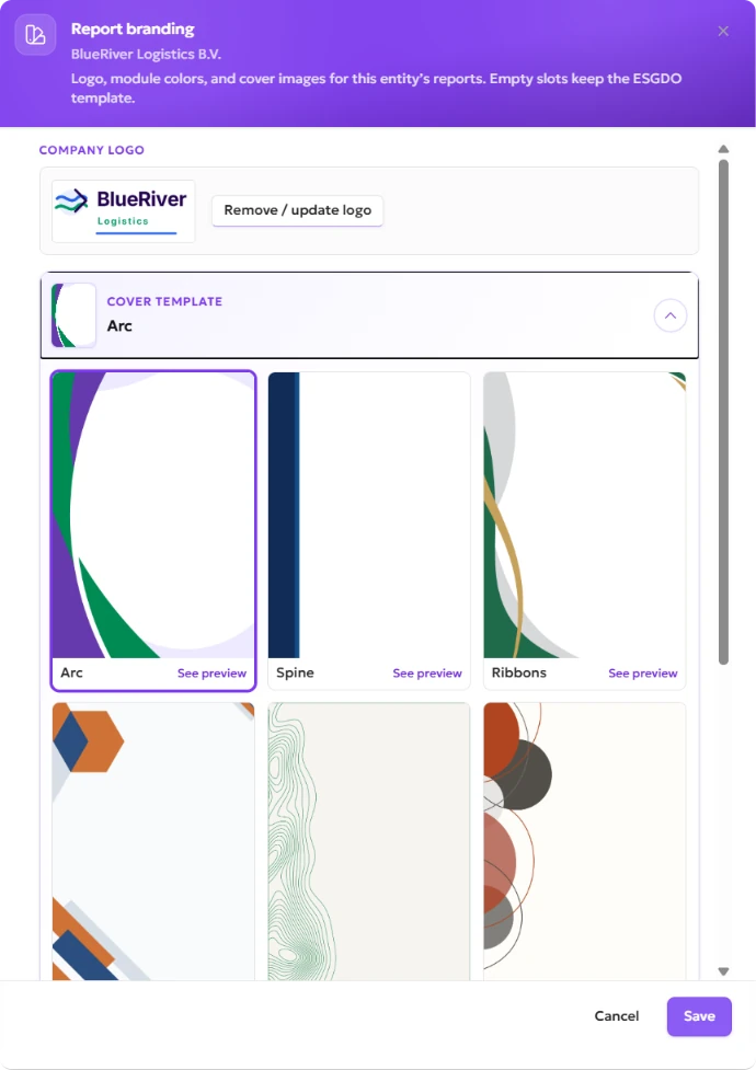 ESGDO report branding window with the six cover templates open: Arc, Spine, Ribbons, Hexagons, Contour lines and Circles. Arc is selected.
