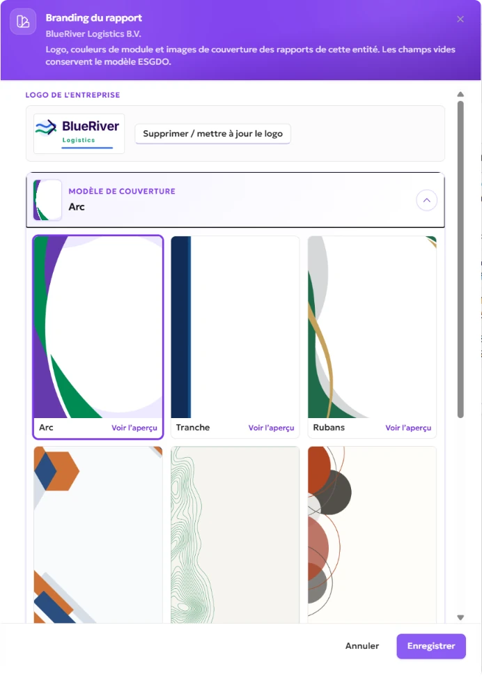 Fenêtre de personnalisation du rapport ESGDO avec les six modèles de couverture ouverts : Arc, Spine, Ribbons, Hexagons, Contour lines et Circles. Arc est sélectionné.